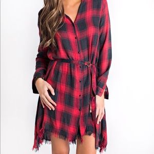 Plaid black and red belted dress raw hemline